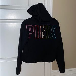 Pink brand hoodie black with rainbow lettering